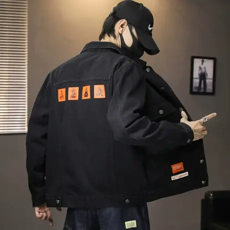 春秋款黑色潮牌印花牛仔外套男修身百搭男士工装夹克男上衣服褂子商品大图