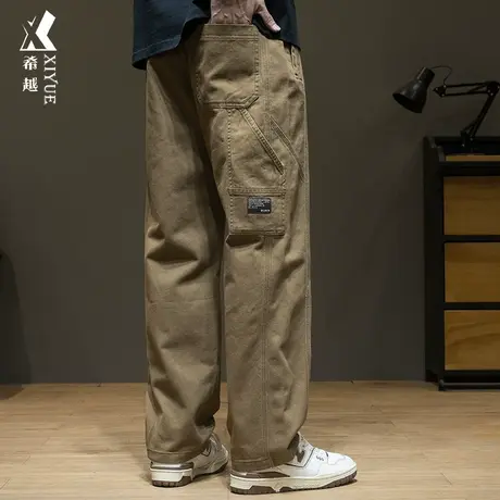 希越美式复古直筒休闲裤男春秋上新拼接纯棉裤子宽松大码胖子长裤商品大图