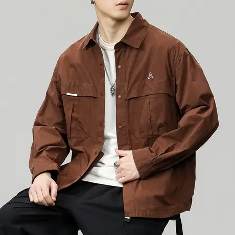 春秋款男装潮牌纯棉长袖衬衣外套秋冬季男款美式复古休闲翻领夹克商品大图