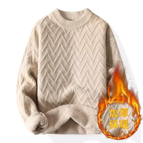 秋冬季男士潮流加绒加厚套头毛衣男圆领2022年新款打底保暖针织衫商品大图