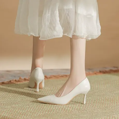 米白色气质尖头软皮高跟单鞋女礼仪工作鞋职业黑色高跟鞋女职场图片