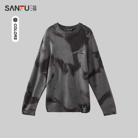 三福2023冬男士仿羊绒扎染毛衣 潮流绣花宽松圆领上衣男478747图片