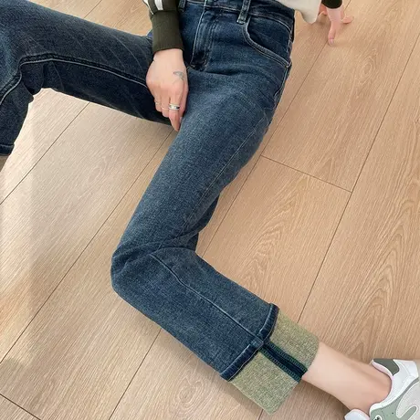 卷边复古烟管裤加绒牛仔裤女秋冬2024年新款小个子高腰宽松法棍裤图片