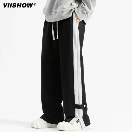 VIISHOW港风潮牌拼接撞色裤子男直筒宽松vibe美式高街阔腿休闲裤商品大图