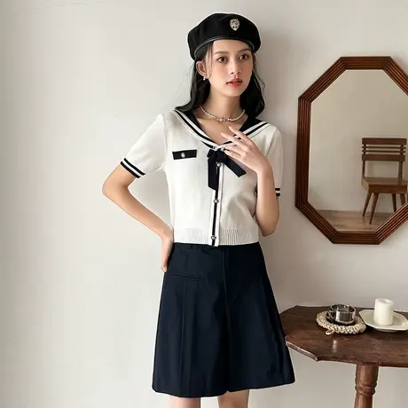 唐狮海军领短袖毛线衫T恤女休闲夏季学院风短款上衣白色甜美体恤商品大图
