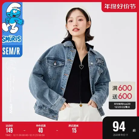森马牛仔外套女纯棉宽松2022春秋款翻领刺绣夹克复古潮流上衣女士图片