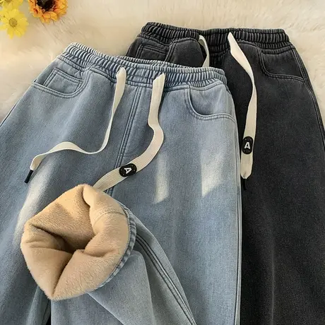 牛仔裤男秋冬季纯色水洗加绒加厚保暖休闲裤宽松潮流阔腿直筒裤子商品大图