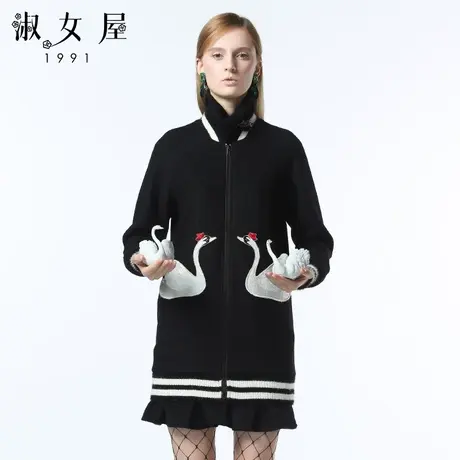 淑女屋旗舰店官网正品秋季黑白公主植物花卉图案女士羊毛风衣外套图片