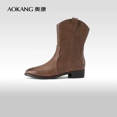 奥康女鞋 2023冬季新款棕色美拉德风时尚百搭短靴简约牛仔靴短靴商品大图