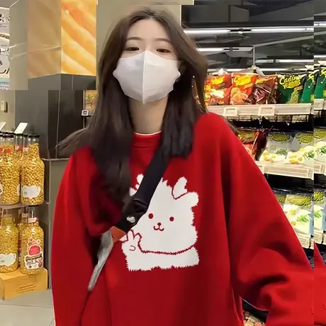 本命年大红外套大码胖mm冬季宽松套头卫衣女ins国潮复古加绒上衣图片