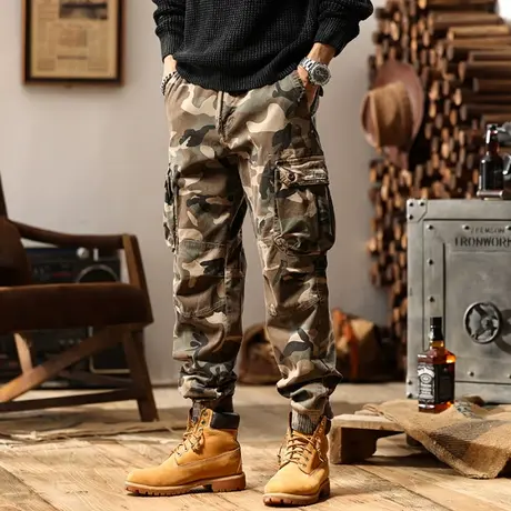 裤子男款时尚潮流美式复古束脚工装裤男百搭宽松迷彩男裤休闲男装商品大图