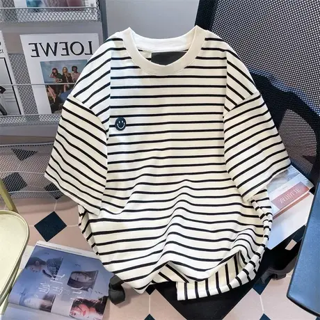 美式复古笑脸刺绣条纹短袖t恤男女夏季oversize港风半袖上衣商品大图