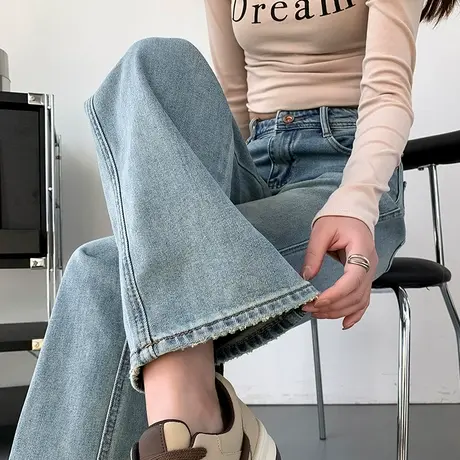 窄版阔腿牛仔裤女2024年春秋新款小个子高腰显瘦蓝色宽松直筒裤子图片