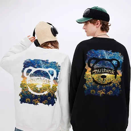 Nuthink欧美高街oversize小熊卫衣男无帽潮流加绒大码情侣装上衣商品大图