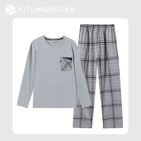 秋鹿纯棉睡衣男春秋款长袖长裤男士家居服套装条纹格子大码宽松商品大图