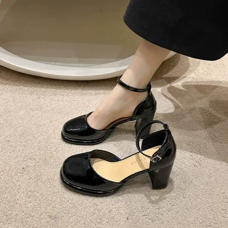 韩版玛丽珍鞋女2024年新款春夏中空单鞋气质法式粗跟配裙子高跟鞋商品大图