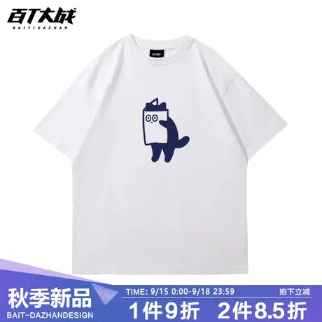 潮牌猫咪印花短袖T恤男士2023夏季新款ins纯棉宽松圆领情侣装半袖商品大图