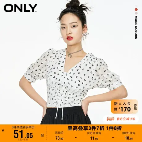 【上新】ONLY奥莱夏季泡泡袖系带褶皱收腰设计短款雪纺衫女商品大图