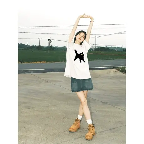 纯棉美式复古设计感短袖t恤女夏季新款小众宽松半袖大码上衣潮牌商品大图