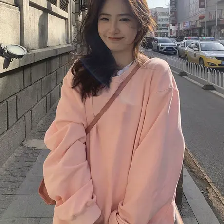 圆领无帽卫衣女款奶甜艺术生早秋oversize落肩宽松慵懒风长袖上衣商品大图