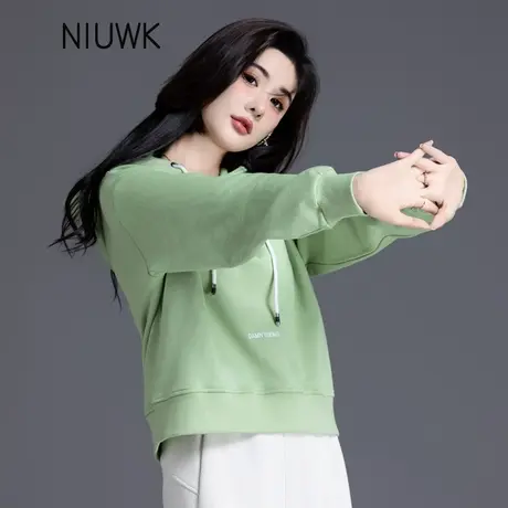 小款2024年新款短款连帽卫衣女小个子学院风奶绿色宽松上衣春秋季图片