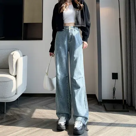 窄版阔腿工装牛仔裤女春季2024年新款束脚高腰宽松显瘦遮胯直筒裤商品大图