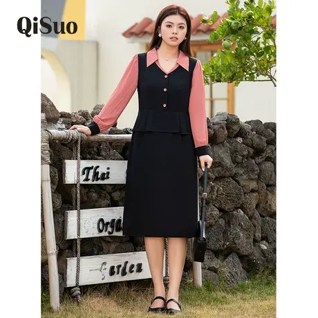 2024年春装新款气质V领假两件套长袖修身显瘦大码胖MM长款连衣裙图片