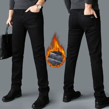 冬季黑色牛仔裤男2023新款修身直筒男士小脚裤秋冬款加绒休闲裤子商品大图