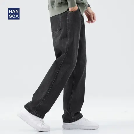 hansca黑色牛仔裤男直筒宽松秋冬美式高街复古大码水洗哈伦长裤子商品大图