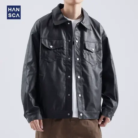 hansca秋季复古黑色皮衣男潮流美式机车夹克宽松痞帅工装休闲外套商品大图