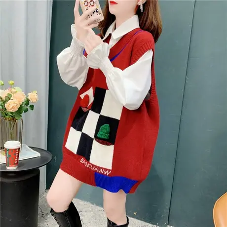 复古红色圣诞宽松V领针织马甲女2022年早春新款无袖毛衣坎肩背心图片