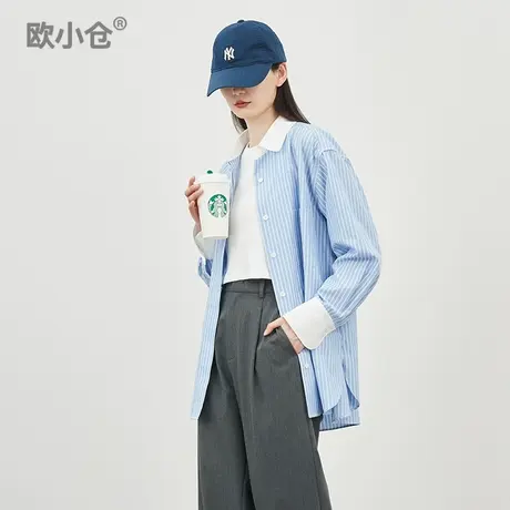 【直播间专享】撞色翻领纸片人oversize男友风宽松棉感衬衣图片