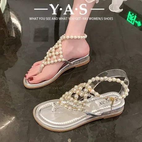 爆款夹趾凉鞋女2024新款时髦珍珠时尚系平底沙滩鞋仙女罗马鞋凉鞋商品大图