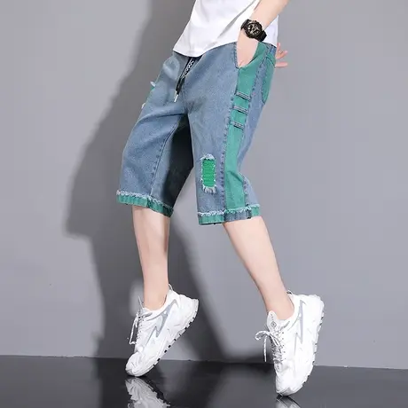 牛仔七分裤男士夏季薄款潮牌帅气百搭拼接中裤学生休闲纯棉短裤潮图片