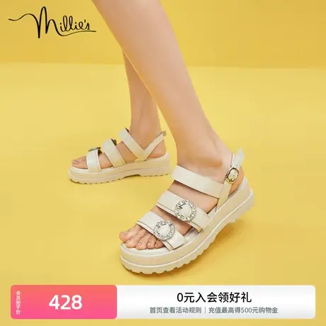 millie's/妙丽新款镶钻牛皮时尚简约休闲松糕厚底女凉鞋SFB04BL2商品大图