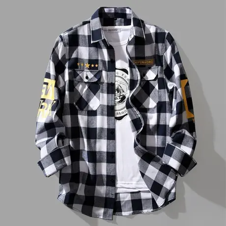 青少年黑白格子衬衫男秋季初中高中学生帅气长袖衬衣韩版潮流外套商品大图