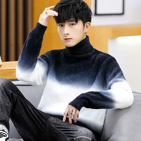 男士毛衣高领2023新款秋冬季韩版潮流宽松仿水貂绒加绒厚款打底衫商品大图