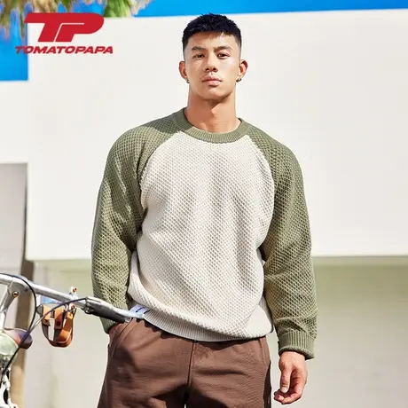 TOMATOPAPA插肩袖毛衣经典撞色宽松针织保暖长袖打底套头运动上衣商品大图
