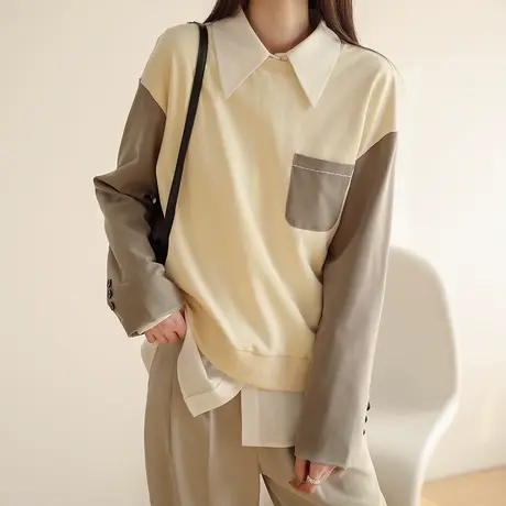嘉茱莉拼接撞色卫衣女2022年秋季新款流行薄款圆领潮ins超火上衣商品大图