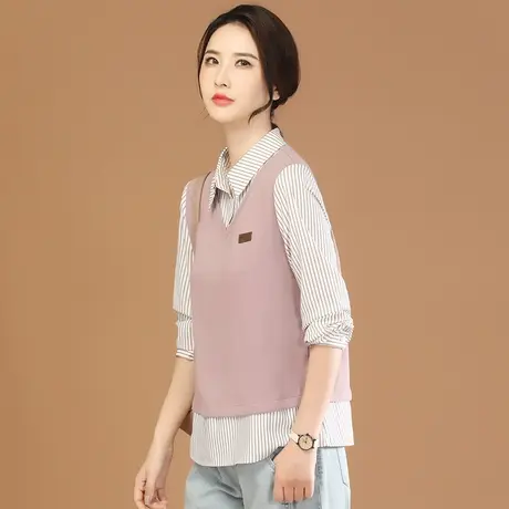 韩潮袭人假两件POLO领条纹套头卫衣女2023秋新款设计感小众衬衣商品大图