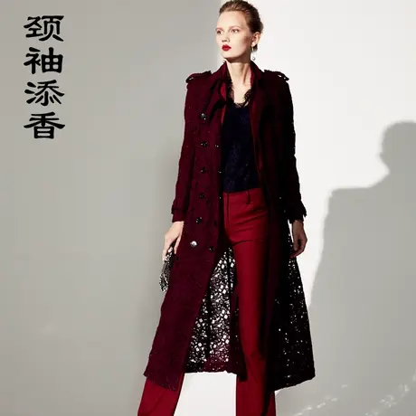 颈袖添香2023春秋季新款单排扣蕾丝外套过膝英伦风风衣中长款商品大图