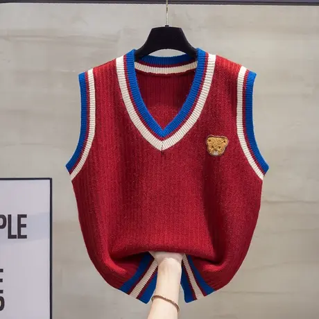 绣花v领针织马甲背心女2023秋装新款宽松外穿马夹外搭毛衣坎肩潮图片