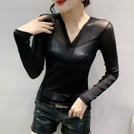 欧货性感网纱拼接T恤女长袖气质显瘦上衣春秋别致V领打底衫女内搭商品大图