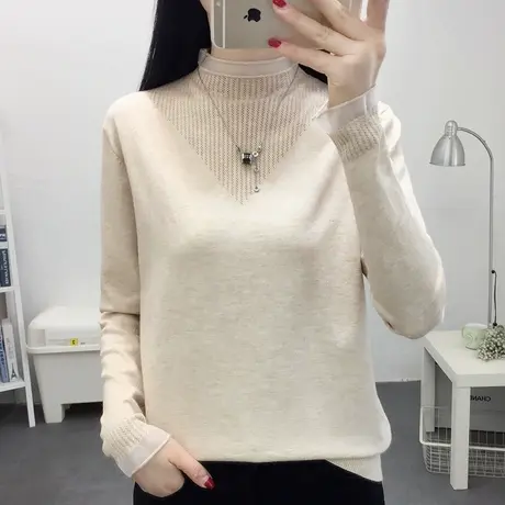 清仓！秋季半高领蕾丝宽松针织衫洋气毛衣女纯色女士上衣打底衫图片