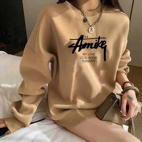 卡其色卫衣女2023新款欧货oversize宽松大码中长款遮屁股秋冬外套商品大图