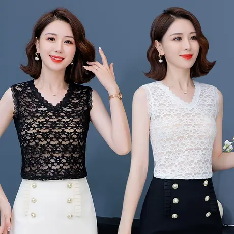 白色吊带背心女蕾丝衫宽肩带黑色西装内搭镂空宽松外穿上衣秋冬款商品大图