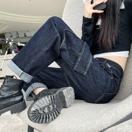 工装牛仔裤女2023年春秋新款高腰直筒宽松显瘦九分深蓝哈伦老爹裤商品大图