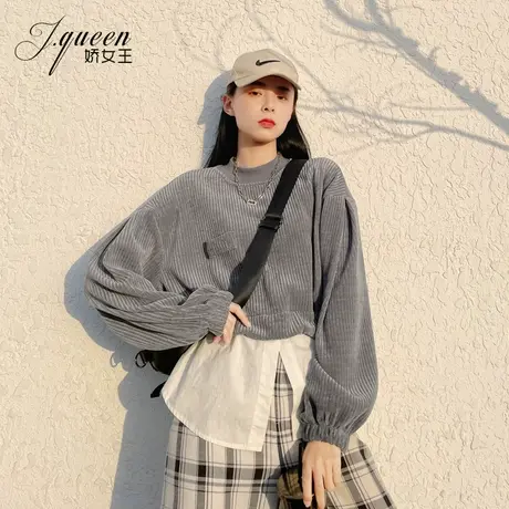 灯芯绒卫衣女秋季宽松显瘦设计感时尚洋气套头圆领拼接衬衫假两件图片
