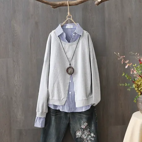 设计感小众条纹卫衣拼接长袖衬衫女宽松休闲春秋学生假两件上衣服商品大图