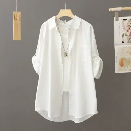 中长款白色休闲衬衫女长袖宽松春秋季2023年新款衬衣外套外搭上衣商品大图
